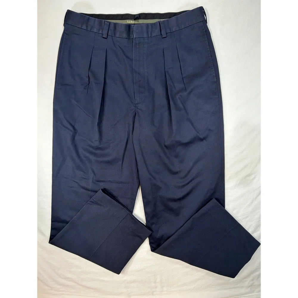 LL Bean Classic Fit Preppy Pleated Chinos Mens 35x30 Navy Blue Cotton Trousers‎